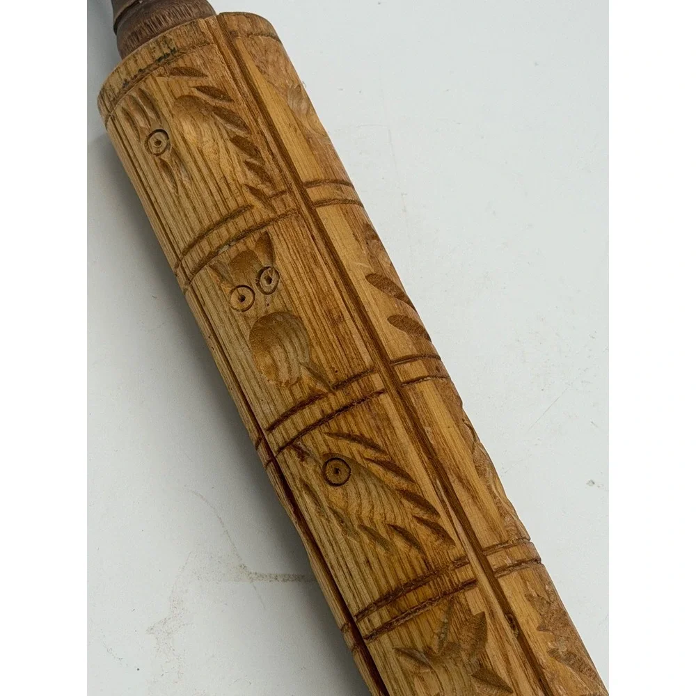 Vintage Wooden Springerle Rolling Pin Carved Embossing Cookie Mold Owls Birds